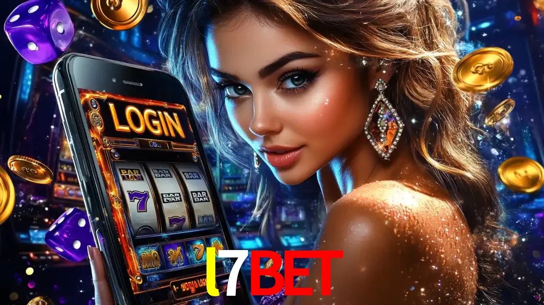 Mulher glamorosa segurando um smartphone com a tela de login para os jogos de caça-níqueis do cassino online l7bet, com moedas de ouro e dados ao redor.