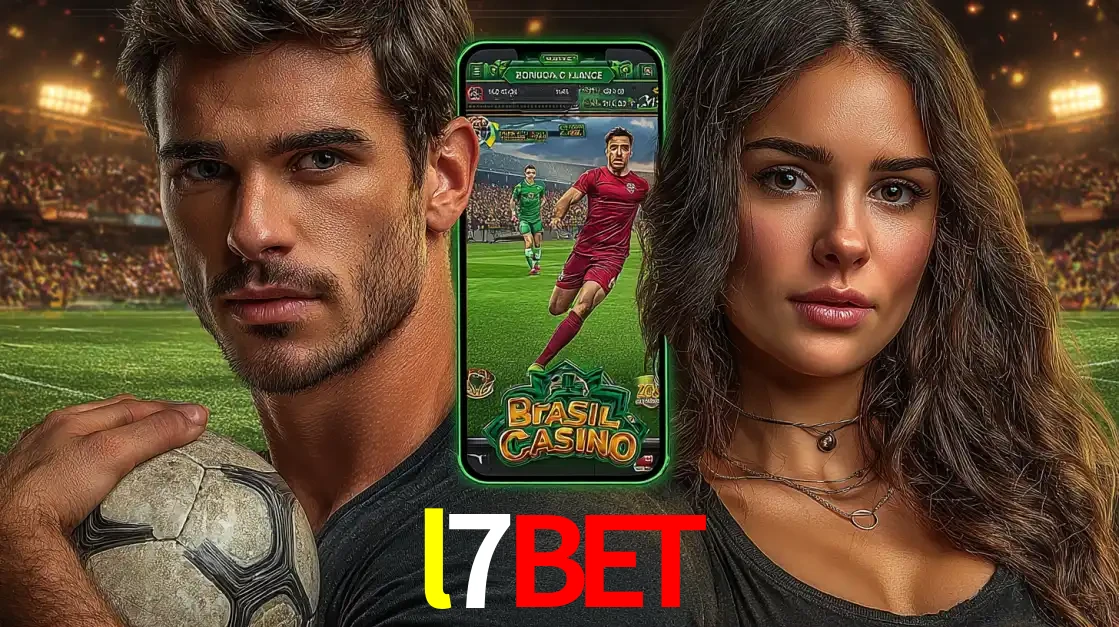 Homem segurando uma bola de futebol e uma mulher ao lado de um smartphone exibindo o jogo de apostas esportivas da l7bet. Faça seu palpite no cassino online.